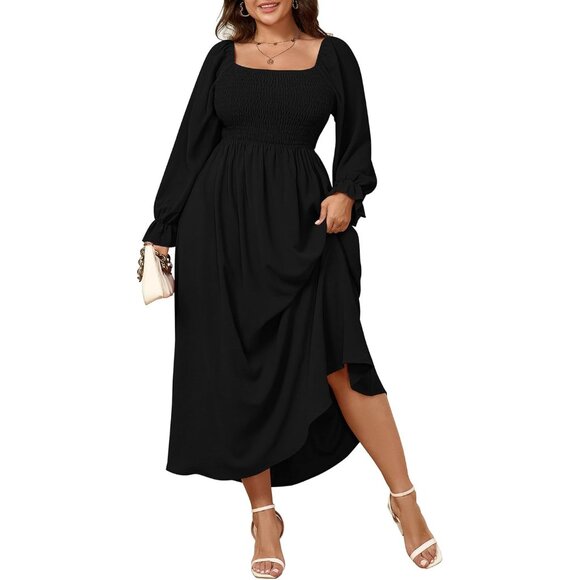 Plus Size Maxi Dress Long Sleeve Square Neck Smocked Boho Wedding Party - Picture 1 of 7